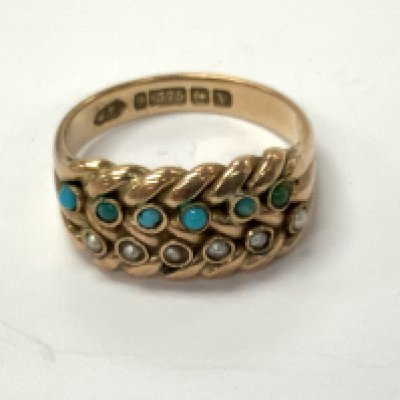 9ct gold turquoise and pearl Edwardian ring. Approximately N/O. Approximately 5.35g. Postage category A.