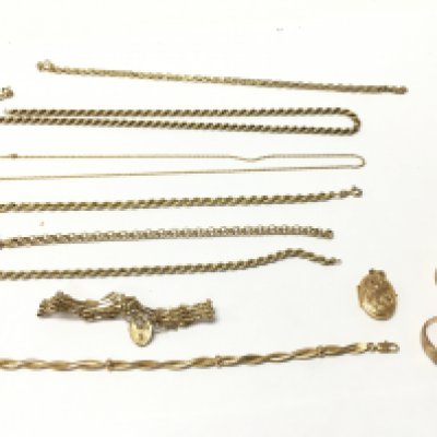 A collection of 9ct chains rings and bracelets. Total weight 51.88g Postage B