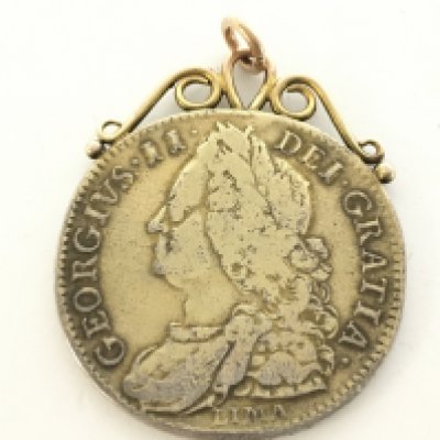 A gold mounted 1746 George II Lima Half crown. Postage category A