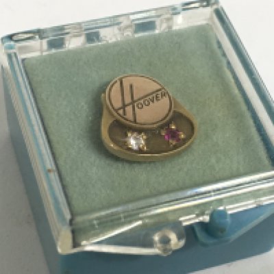 A miniature gold Hoover pin set with a small diamond and ruby. Postage category A