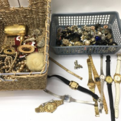A collection of costume jewellery including silver items and watches. Postage B
