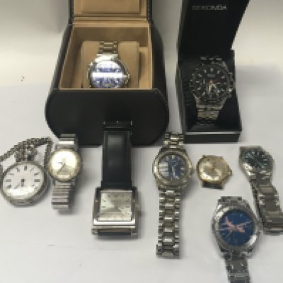 A collection of 9 watches including one silver pocket watch and a vintage gents oris watch.
