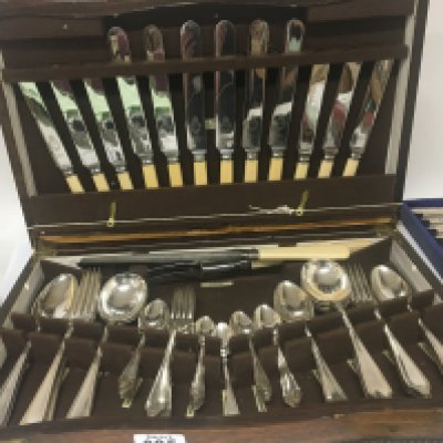 Three cases containing cutlery a canteen of cutlery loaded silver handle fish knifes and folks and one other box of cutlery (3)