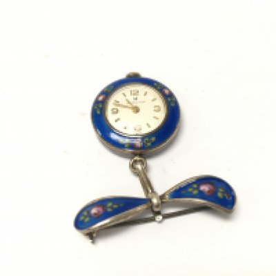 A silver and blue enamel Hamilton nurses watch.