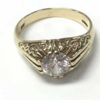 A 9ct yellow gold gents style ring set with large round cubic zirconia with patterned shoulders. 5.7g and size U. Postage A