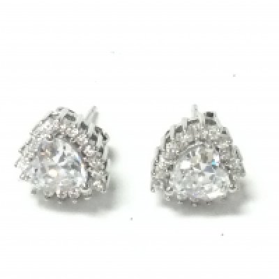 A pair of silver cluster studs set with heart shaped white cubic zirconia and halo of round CZs. Postage A