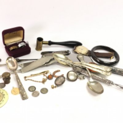 A collection of jewellery including a silver hallmarked pickle fork, WW1 trench art Mizpah ring, silver hallmarked pen knife. Postage category B