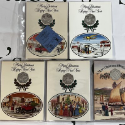 5 Pobjoy mint Silver 50p Presentation Christmas cards 1981,1982, 1983, 1984,1985.