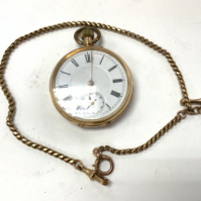 10ct gold Albert chain 12.8g together with a 14k cased pocket watch. Postage category A.