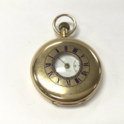 An 18ct gold cased half hunter pocket watch. 103.46g Not running.