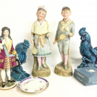 A collection of various ceramics including Inarco Roosters, boxed small wedgewood dishes, bisque figures, German 19th century style figure etc. This lot cannot be posted. NO RESERVE