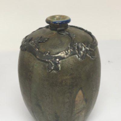 An interesting modern design contemporary art vase mounted with silver. Signed base Hight 16cm. NO RESERVE