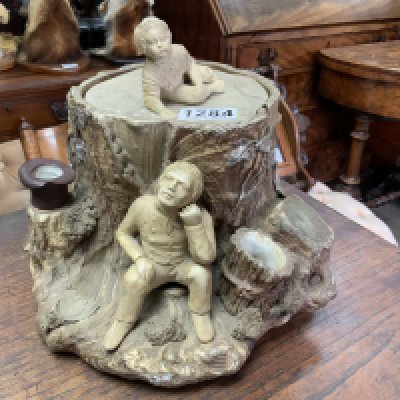 A large Victorian ceramic tobacco jar with applied figures, marbled and silvered glaze. NO RESERVE