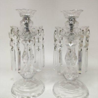 A pair of glass lustres with cut glass drops. Height 32cm. NO RESERVE