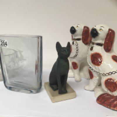A signed modern design art glass vase with leaping Gazelles signed base a signed cut glass bowl a pair of Staffordshire dogs and an Egyptian influence figure of a Sphinx. NO RESERVE