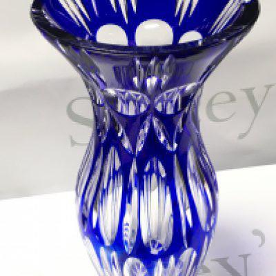 A blue cut glass vase, this lot cannot be posted. 27cm tall.