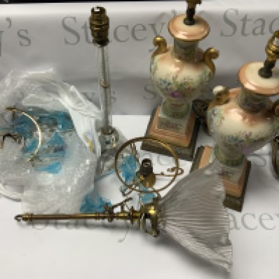 A collection of antique lamps and light fittings with modern electrical fittings. (D)