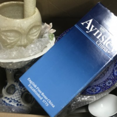 A collection of various ceramics including an Italian dish, marble mortar and pestle with carved face design, various cut glass dishes, boxed Aynsley china vase, Russian porcelain candelabras, large collection of plates including Royal Albert memory lane, boxed Waterford Crystal etc This lot cannot be posted