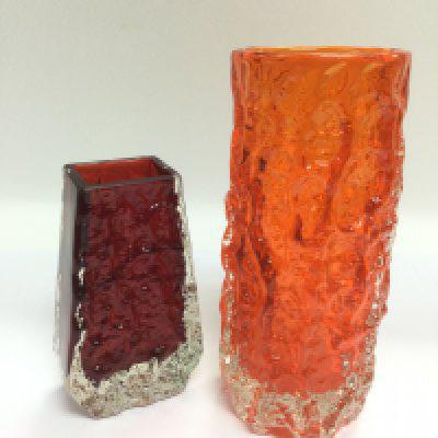 Two Whitefriars vases comprising a tangerine bark vase, approx 19cm and a smaller coffin vase, approx 13cm. Shipping category D.
