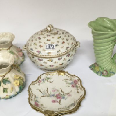 A Clarice Cliff Cornucopia shaped vase no damage height 23cm and other ceramics tureens vases plates