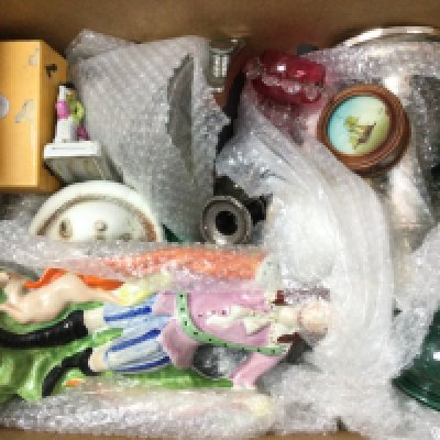 A collection of ceramics including a large Staffordshire figure , Victorian cranberry glass