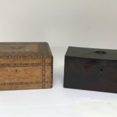 A George III Mahogany tea caddy of rectangular shape no interior30cm wide 15cm deep. and a Victorian Tombridge ware workbox with a fitted interior (2) In house postage available (C)