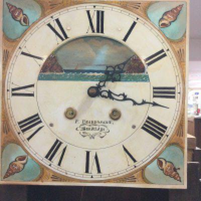 A oak long case clock the painted dial with Roman numerals maker P Beardsmore Sandridge