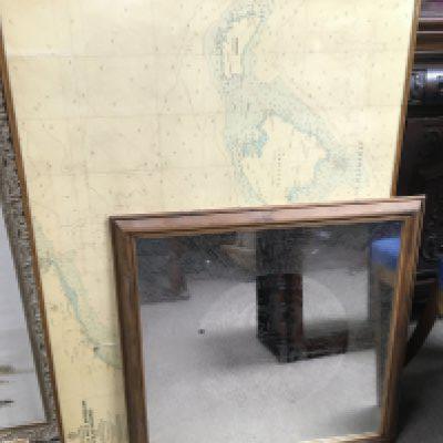 A folding table, the top inset with a map of the Mediterranean, a 1977 silver jubilee mirror and a framed Edwardian rowing presentation (3). Shipping category D.