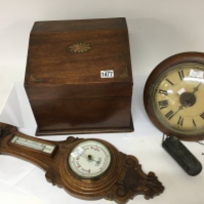 A late Victorian postman alarm clock an Edwardian walnut box and a walnut barometer (3)