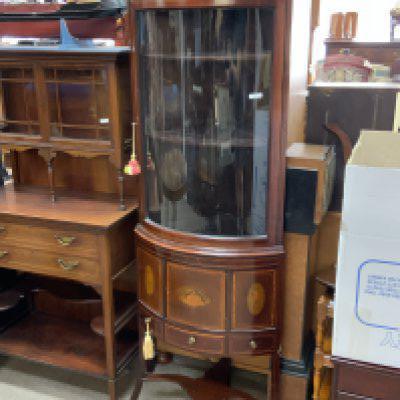 A good quality Edwardian inlaid glazed corner cabinet with sorrento style inlay, H170cm x W59cm.
