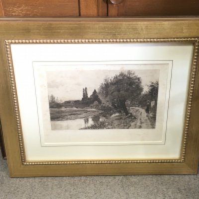 A collection of framed pictures including an etching by N. Chadwick titled The Bridge at Mostar, a printed etching by James Dobie titled the Evening man, a watercolour by C.H Bagnol of a nature view and other pictures