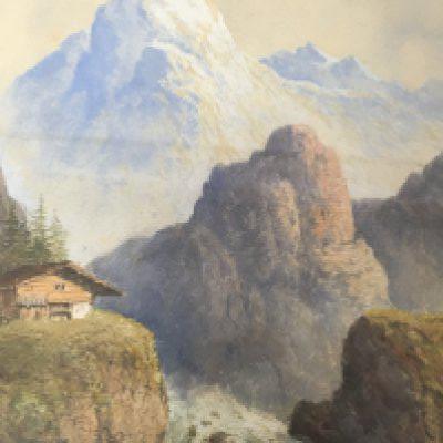 An Early 20th century framed watercolour Tyrolean view with a mountain waterfall. Indistinctly signed 76x59cm