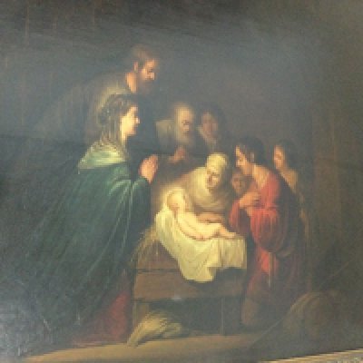 A framed oil on board Adriaen Van Gaesbeeck , Adoration of Christ child . 60 cm x 46 cm