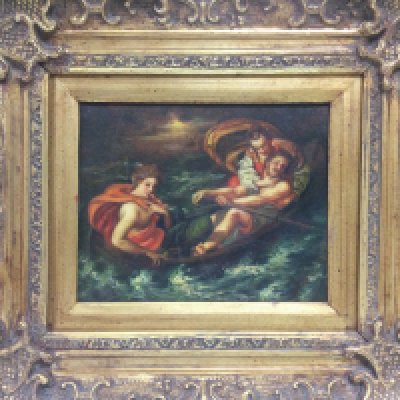 A gilt framed oil on canvas, an allegorical scene of three figures in a rowing boat, approx 50cm x 44cm. Shipping category C.