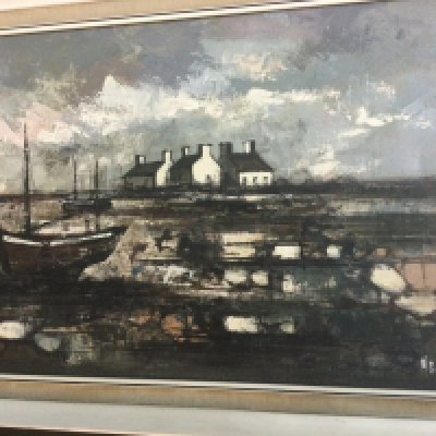 A framed oil on canvas depicting harbour view with houses beyond. Singed P Grard .