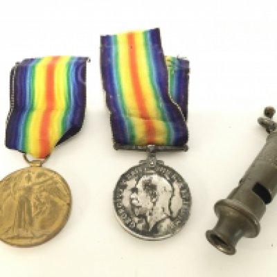 WW1 medals consisting of a victory medal presented to PTE. E.S.Ayres. Suff.r. , a war medal presented to a PTE. S.A.Marshall. Camb.R and a Metropolitan whistle. Postage category A NO RESREVE