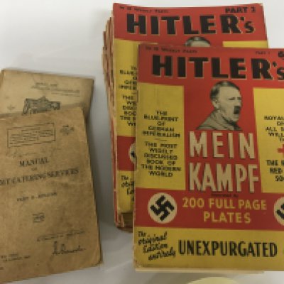 A collection of English translation Hitlers Mein Kampf published by Hutchinson & Co Ltd in eighteen weekly parts and two 1945 Army Catering service manuals.