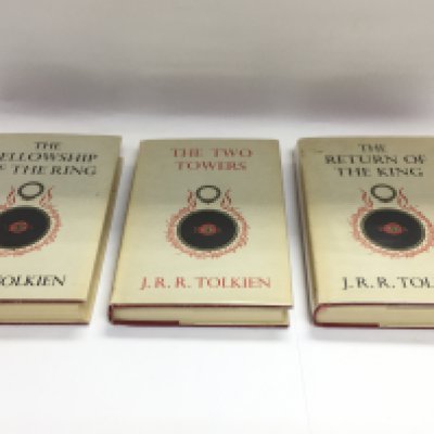 Three early volumes of JRR Tolkien's Lord Of The Rings trilogy comprising a 12th impression of 'The Fellowship Of The Ring' and 10th impressions of both 'The Two Towers' and 'The Return Of The King'. All still retaining their dust covers. Shipping category B.