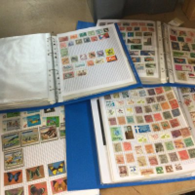 A box containing blue albums including world stamps.