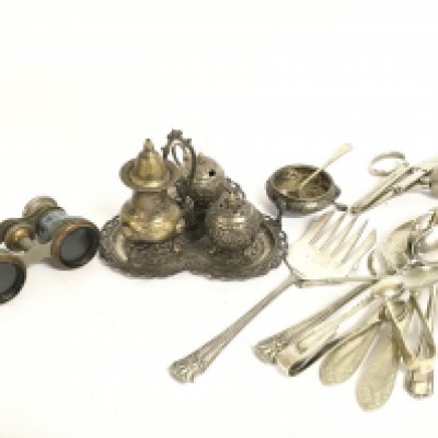 An Indian design condiment set, French Lamier Fab opera glasses, a Heeleys The Pullezi and silver plated cutlery. This lot cannot be posted. NO RESERVE