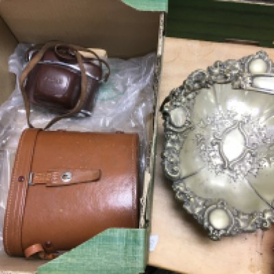 A Viper 10x50 set of leather cased binoculars , leather cased Kodak Retinette 1A camera and a plated dish