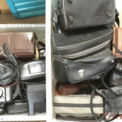 A large collection of vintage cameras and accessories including a Polaroid Sun600, Konica FS-1, Olympus OM10, Asahi Pentax Spotmatic F, Halina AI etc. This lot cannot be posted