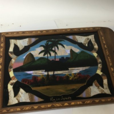 A mid 20th century Brazilian tea tray inlaid hardwood and inset with butterfly wings Rio de Janeiro.