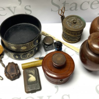 A good collection of Treen including to Chinese tea caddy&rsquo;s, vintage bike lock, string and needle holder, bone Stanhope dip pen, etc. (D)