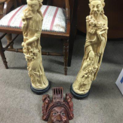 Reproduction simulated ivory figures (66cm tall) and a Chinese style wooden wall mask. This lot cannot be posted
