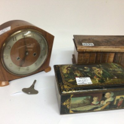 A walnut 1950 s mantel clock an olive wood puzzle box and a Vintage biscuit tin (3)