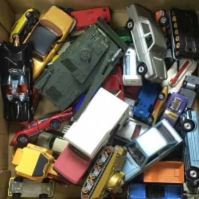 A collection of vintage playworn toy cars and tanks including Corgi, Dinky, Matchbox etc. Postage category c