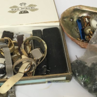 A collection of used worn Gents Vintage watches costume jewellery and a box of oddments lighters and small ornaments.