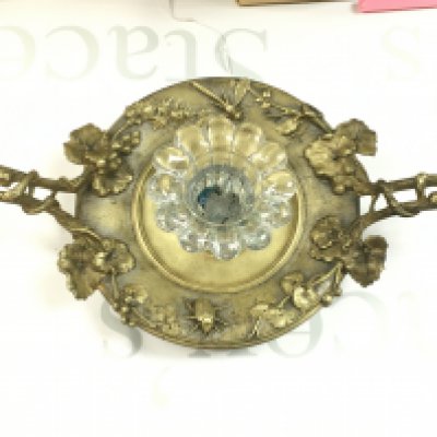 A Victorian Inkwell, heavy gilt brass base with embossed insects and leaves with two handles. This lot cannot be posted