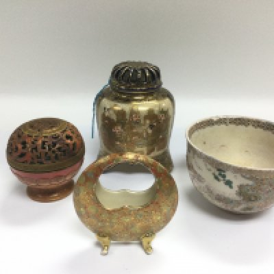 A Japanese Satsuma koro, approx height 13cm, together with three other Japanese ceramic items (4). Shipping category D.